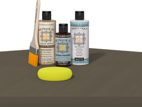 Retique It® Black Walnut multi-purpose wood finish kit with smooth interior top coat application on wooden surface.