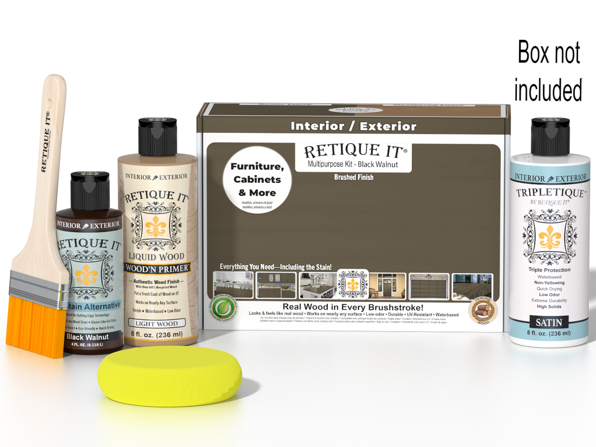 Retique It Multi-purpose Smooth Finish Kit in Black Walnut for interior wood projects, includes top coat and application tools.