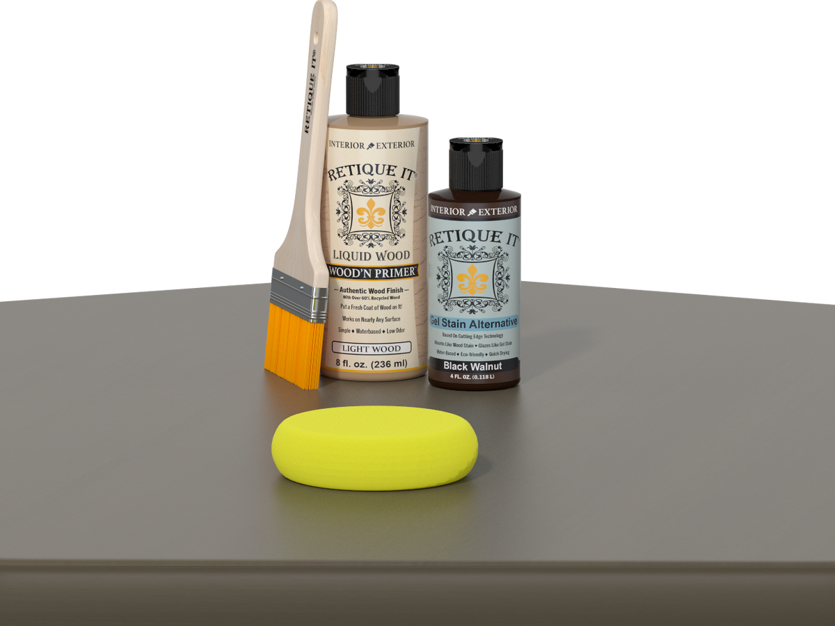 Retique It® black walnut wood finish kit with smooth finish and application tools, displayed on a table surface.