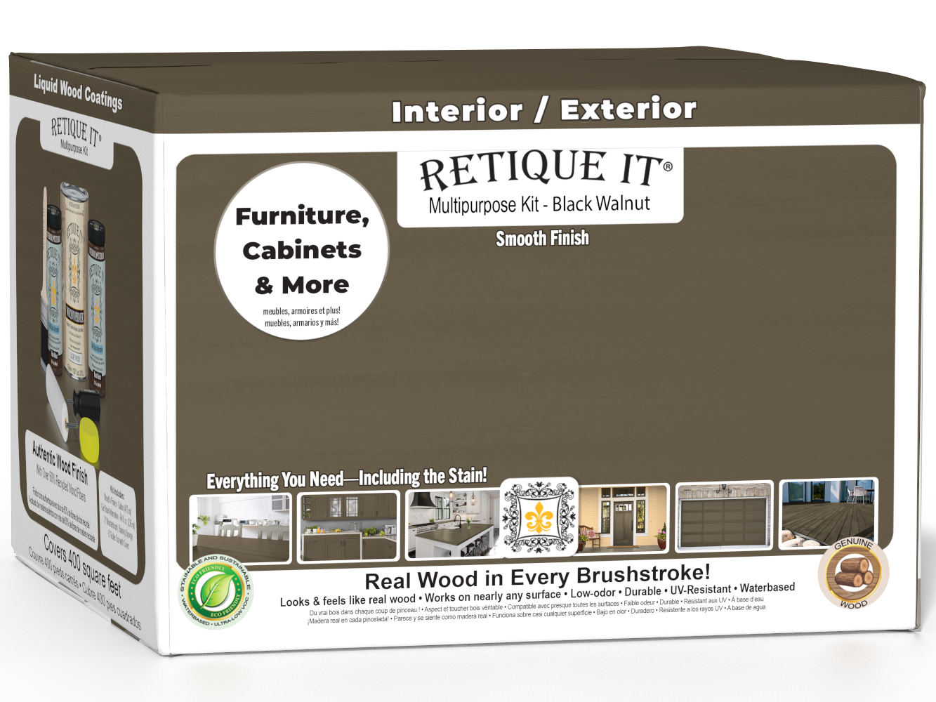 Retique It® Black Walnut Multi-purpose Smooth Finish Kit with four large wood finish bottles, suitable for furniture and wood projects.