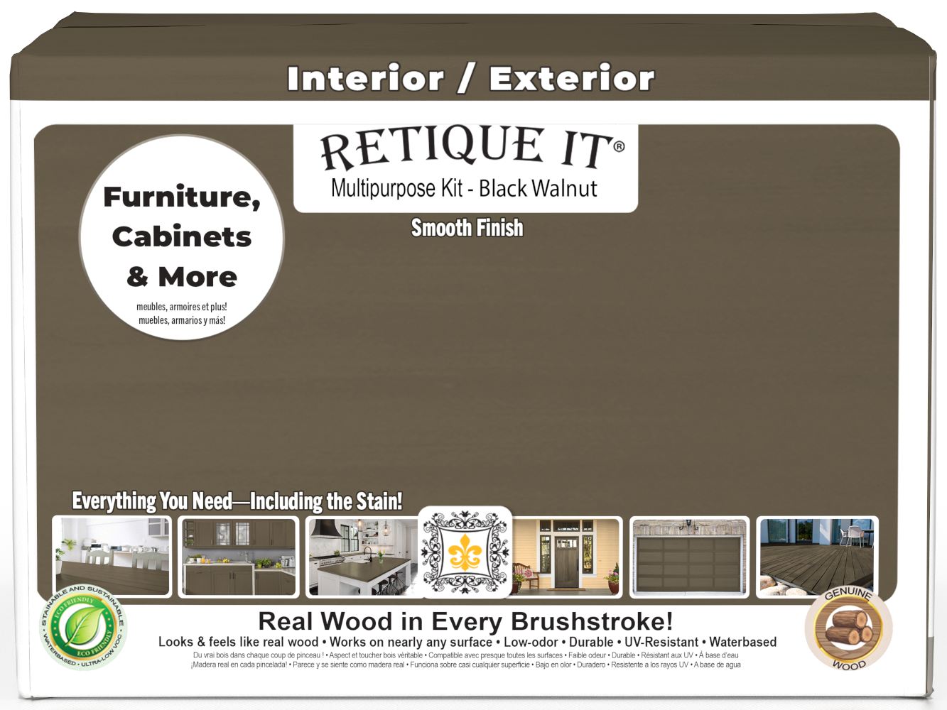 Retique It® wood finish kit with four black walnut exterior top coat bottles, featuring smooth matte finish and packaging.