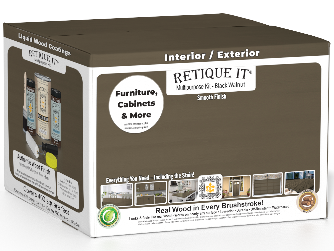 Retique It® Black Walnut Multi-purpose Smooth Finish Kit with four large containers, interior top coat, and matte finish for wood surfaces.
