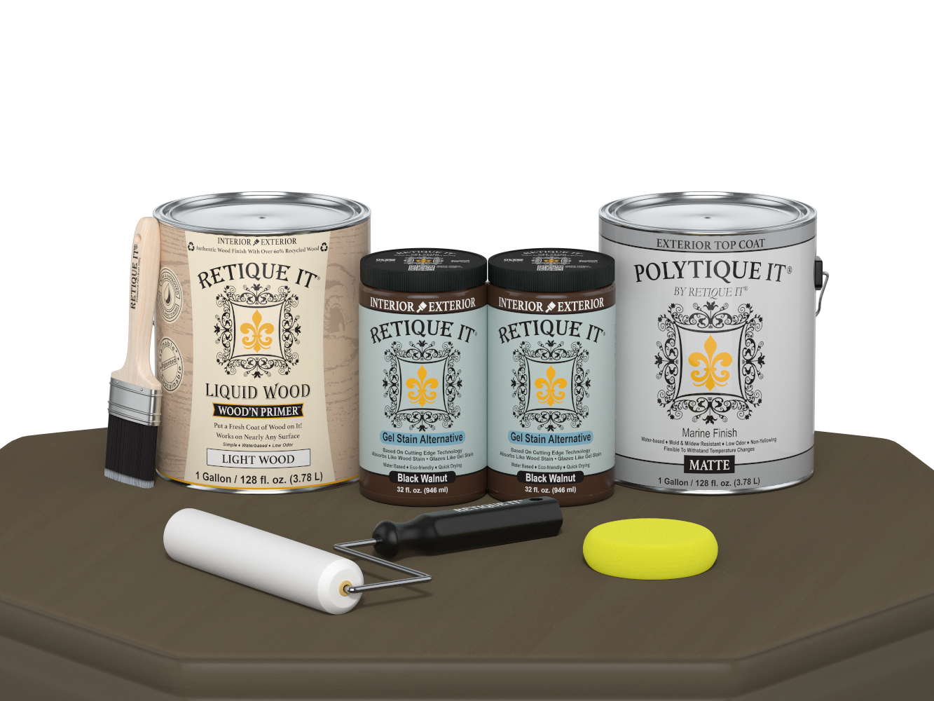 Retique It® Black Walnut Multi-purpose Smooth Finish Kit with four large exterior top coat bottles on a table.