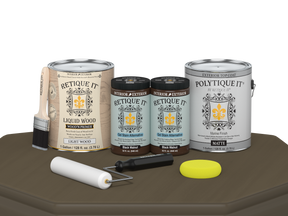 Retique It® Black Walnut Multi-purpose Smooth Finish Kit with four large exterior top coat bottles on a table.