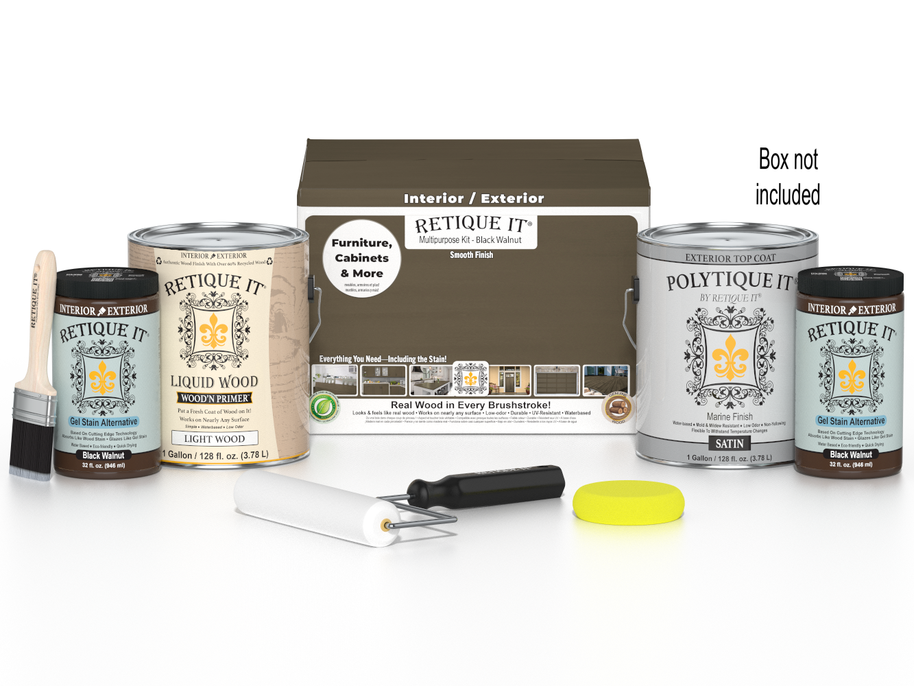 Retique It® Black Walnut Multi-purpose Smooth Finish Kit with 4 large exterior top coat containers, matte finish for wood projects.