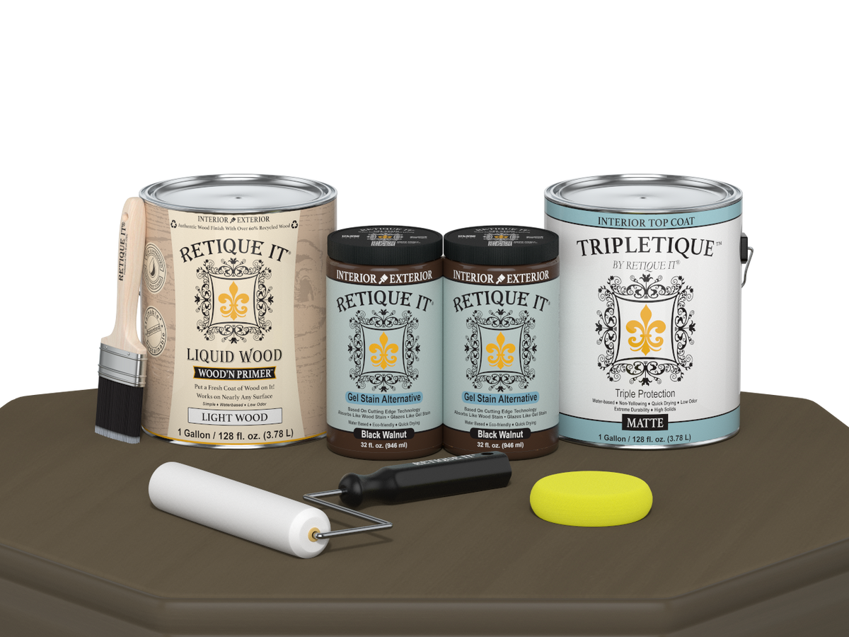 Retique It® black walnut multi-purpose wood finish kit with satin top coat, includes four large containers for interior projects.
