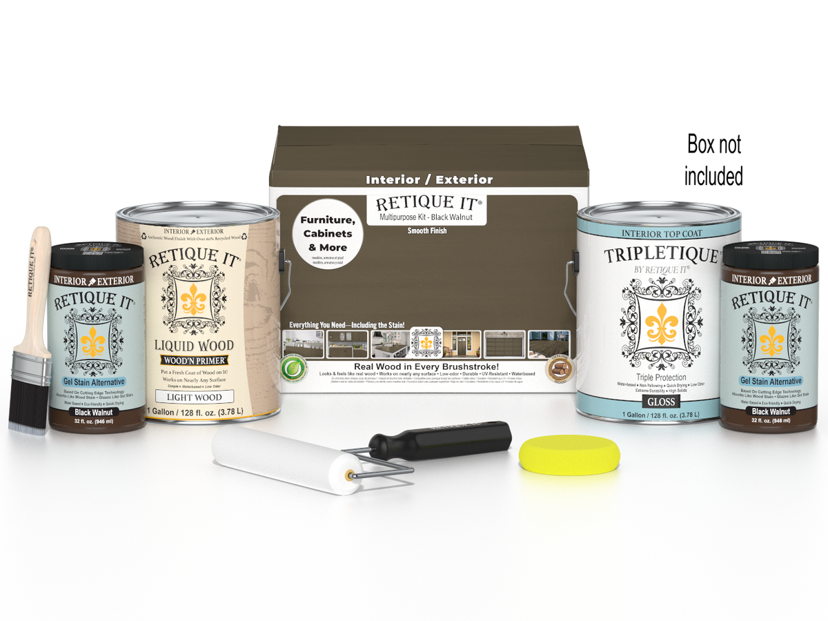 Retique It Black Walnut multi-purpose smooth finish kit with four large interior top coat bottles and application tools.