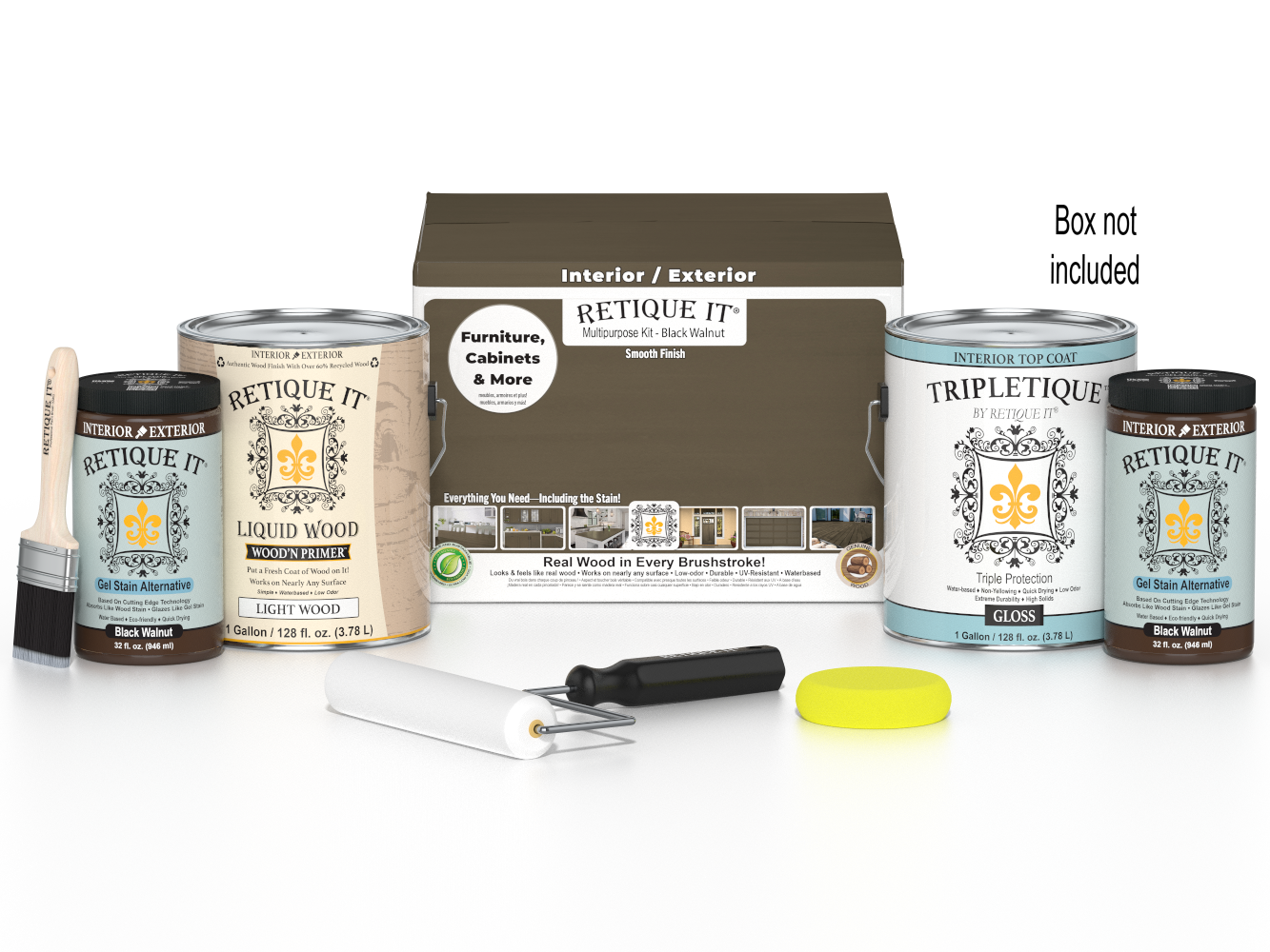 Retique It® Wood'n Finish Kit in Black Walnut with gloss top coat, showing four large bottles of multi-purpose interior wood finish.