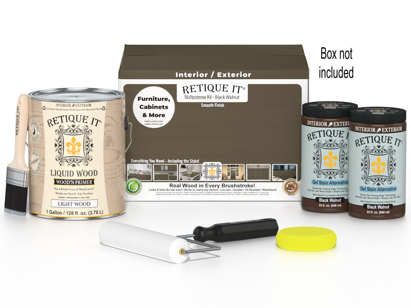 Retique It® Black Walnut Multi-purpose Smooth Finish Kit (4x Large) for wood finishing, shown in the image with brushes and product packaging.