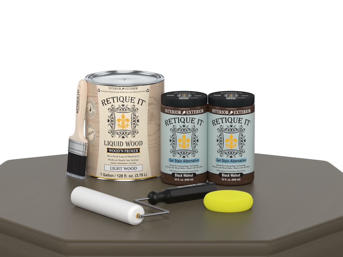 Retique It® Black Walnut multi-purpose wood finish kit with four large containers, smooth finish, suitable for furniture and crafts.
