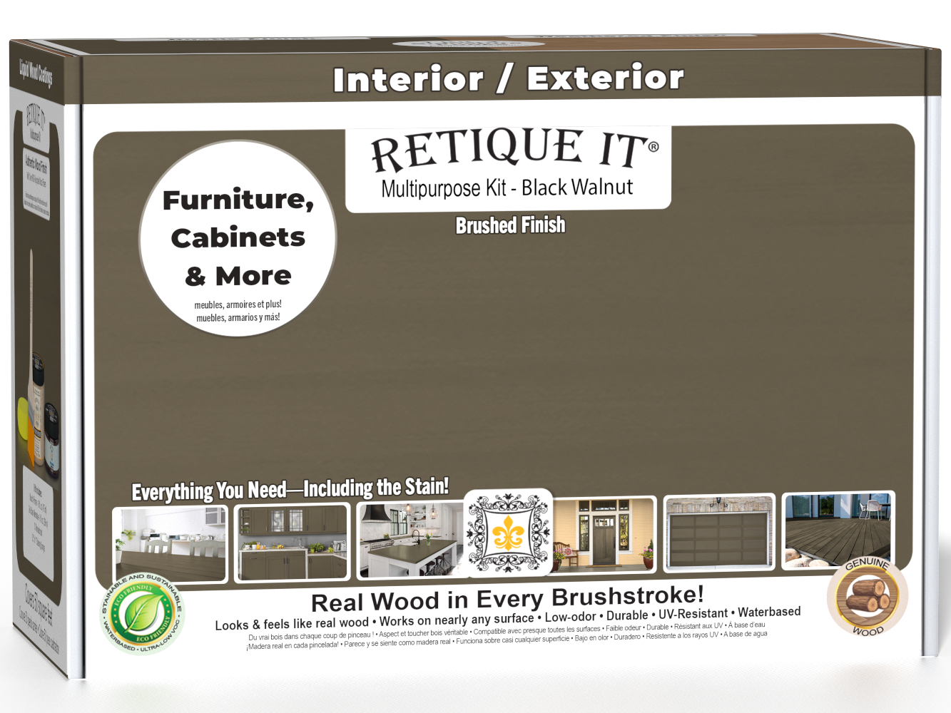 Retique It® Multi-purpose Smooth Finish Kit in Black Walnut for exterior wood, includes top coat and matte finish components.