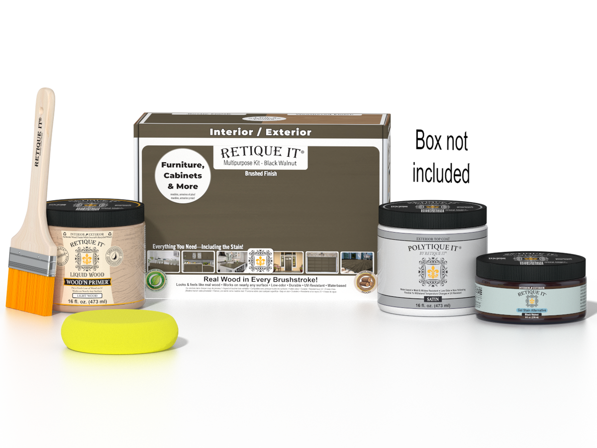 Retique It Multi-purpose Smooth Finish Kit in Black Walnut for exterior wood projects, includes top coat and application tools.