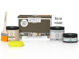 Retique It Multi-purpose Smooth Finish Kit in Black Walnut for exterior wood projects, includes top coat and application tools.