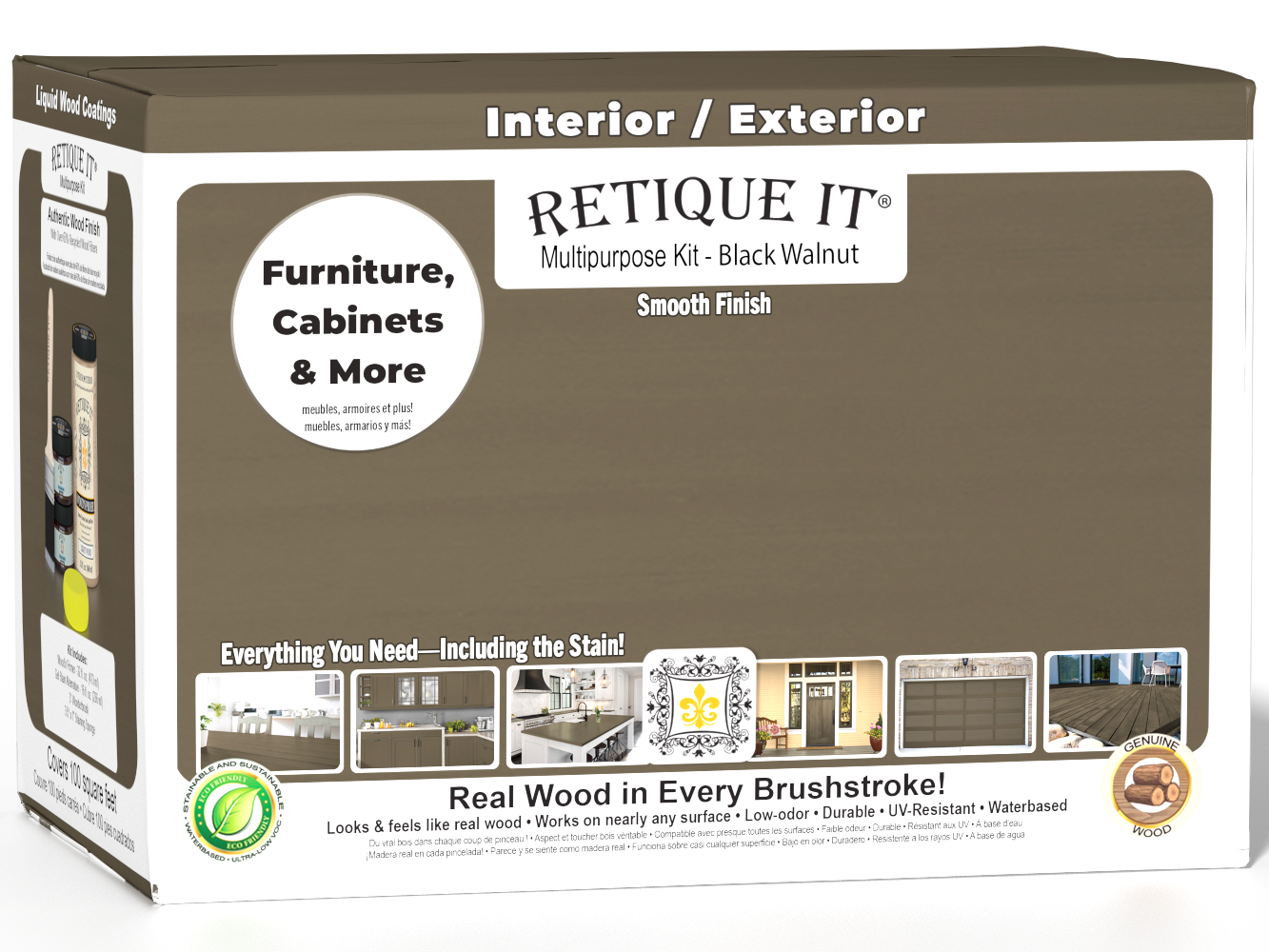 Large black walnut wood finish kit by Retique It® with smooth finish, includes multiple tools and products for wood finishing.