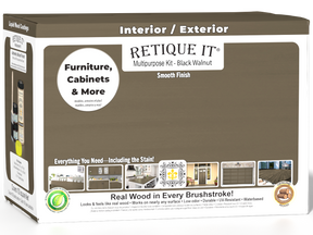 Large black walnut wood finish kit by Retique It® with smooth finish, includes multiple tools and products for wood finishing.