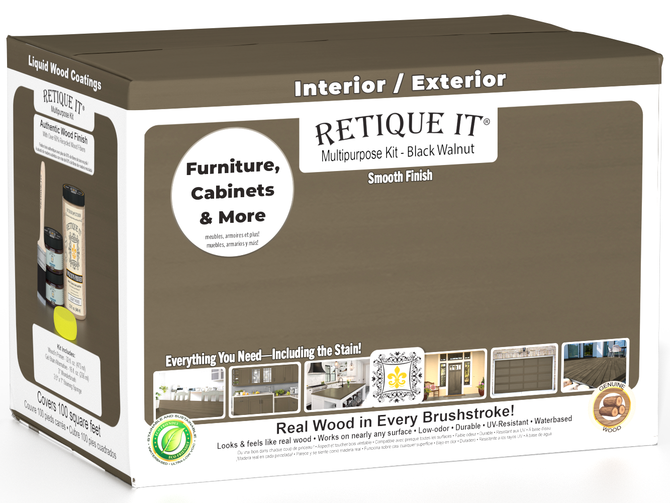 Retique It® wood finish kit in large black walnut for interior projects, includes satin top coat and smooth finish components.