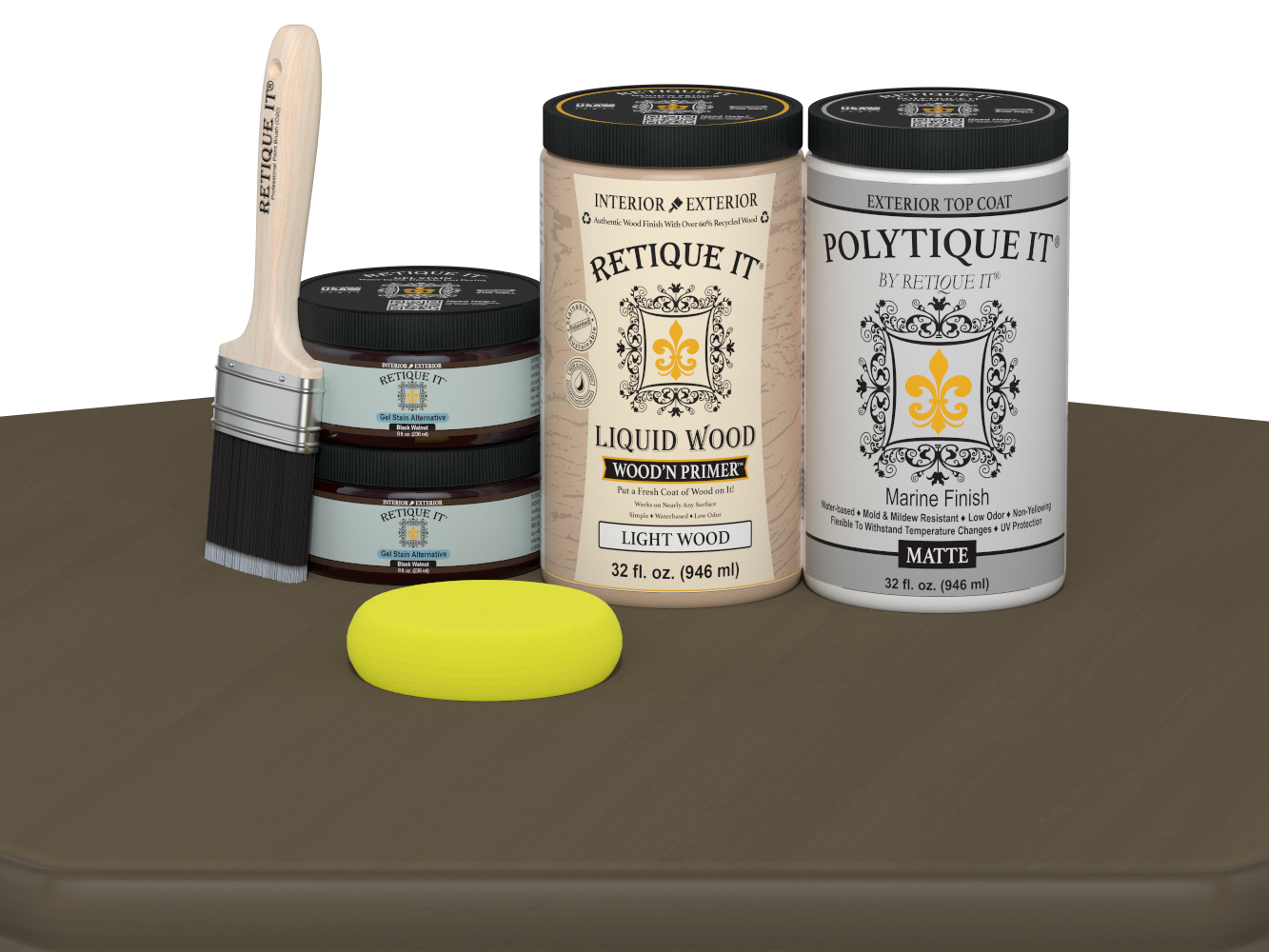 Large black walnut wood finish kit with satin exterior top coat from Retique It®, includes materials for a smooth, polished wood finish.