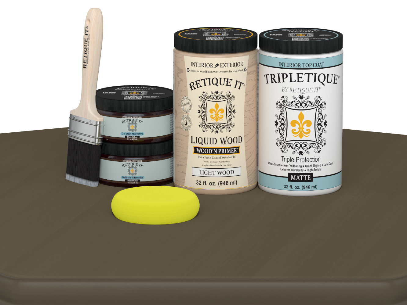 Retique It® large black walnut satin finish wood top coat in a multi-purpose smooth finish kit, shown on a wooden table.