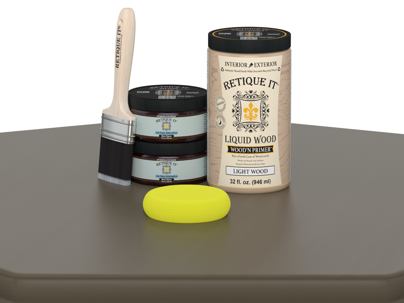 Large black walnut wood finish kit by Retique It® for smooth, multi-purpose wood finishing projects, includes application tools.