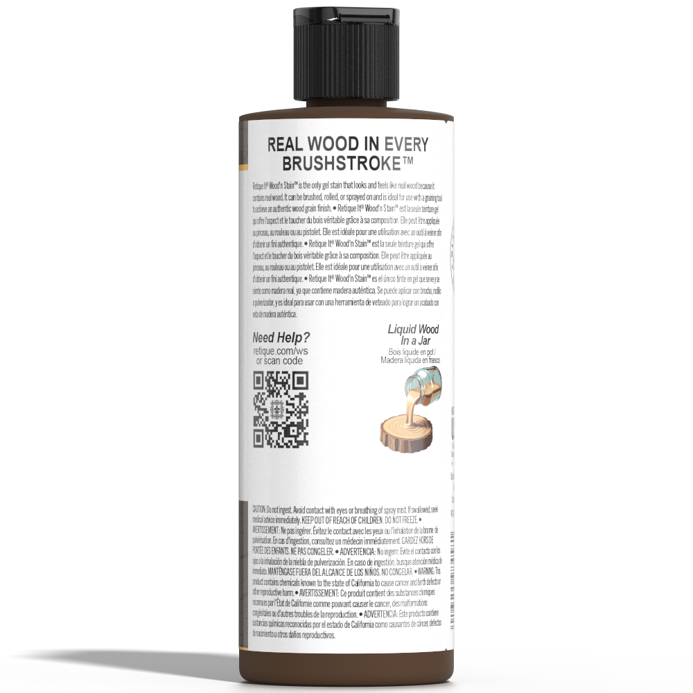 Retique It® Liquid Wood Wood'n Stain in 8 oz Black Walnut, showing the dark stain applied to wood for a rich finish.
