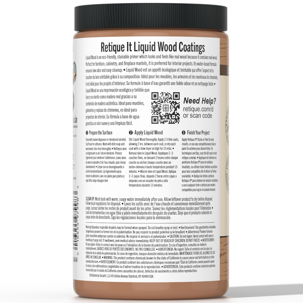 Retique It® Liquid Wood interior paint in 32oz dark finish, showing a smooth, dark wood-like painted surface.