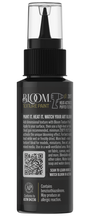 DecoArt Bloom Texture Paint in Carbon Void Black showing a textured black paint surface with a matte finish and artistic detailing