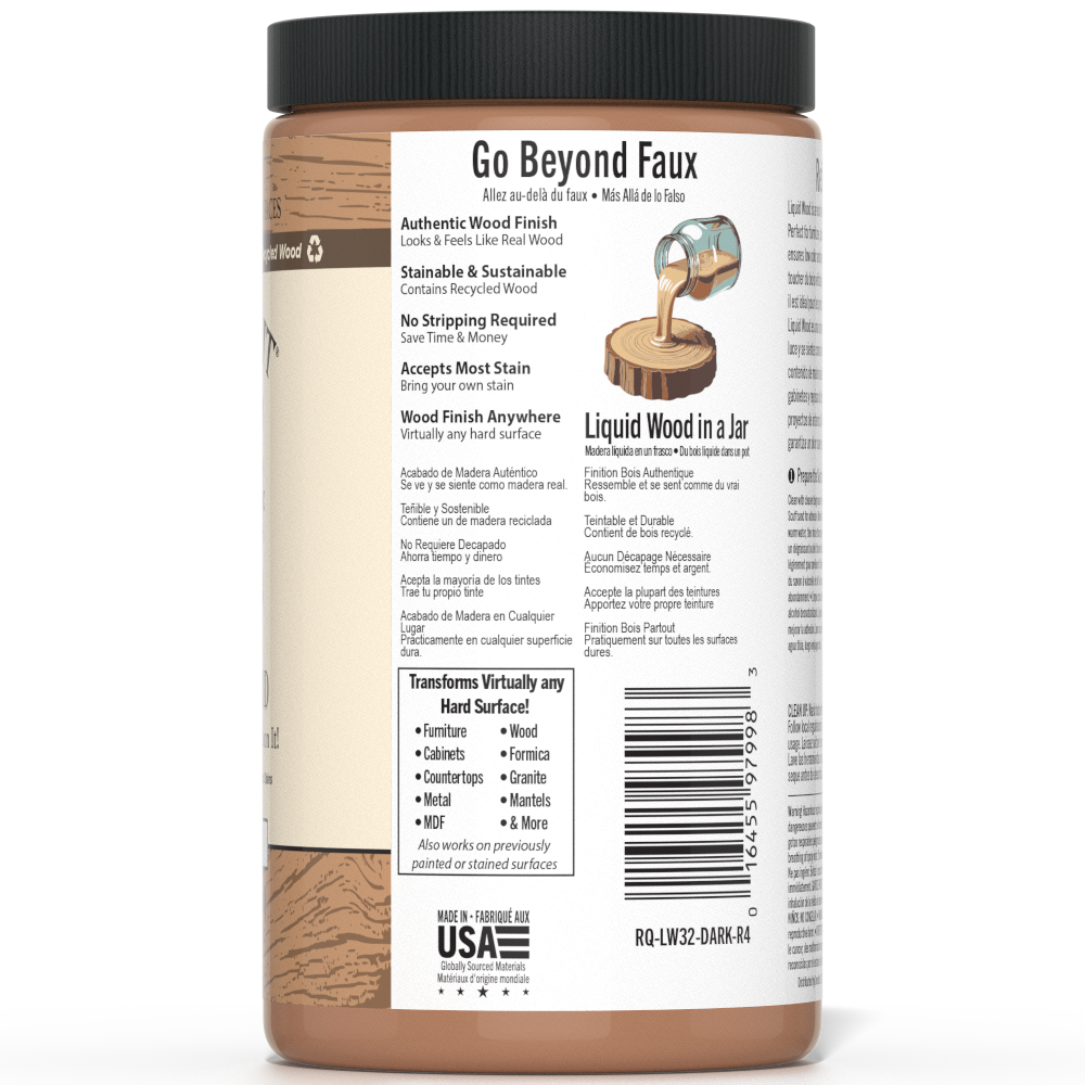 Retique It® Liquid Wood interior paint in 32oz dark finish, showing a smooth, dark wood-like coated surface.