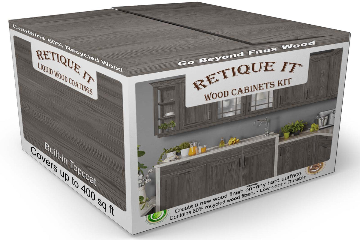 Retique It Wood'n Cabinet Kit in Harbor Gray with 24 grained cabinet doors and stains, shown in the box packaging.