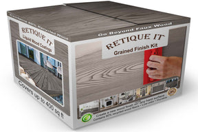 Retique It Wood'n Finish Kit in Harbor Gray with four large exterior top coat boxes, showing textured wood grain on packaging.