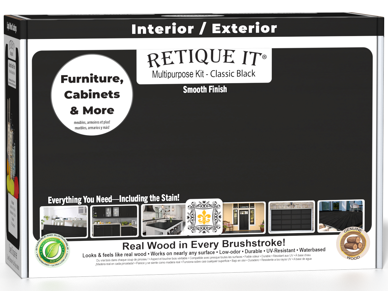Retique It® Multi-purpose Smooth Finish Kit in classic black for wood finishing, shown in a box with multiple components.