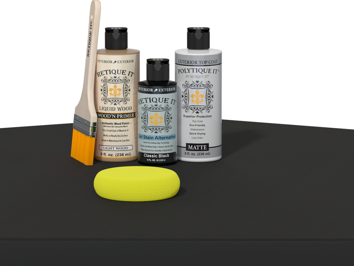 Retique It® wood finish kit with black exterior top coat, including brushes and tools for a smooth, multi-purpose wood project.