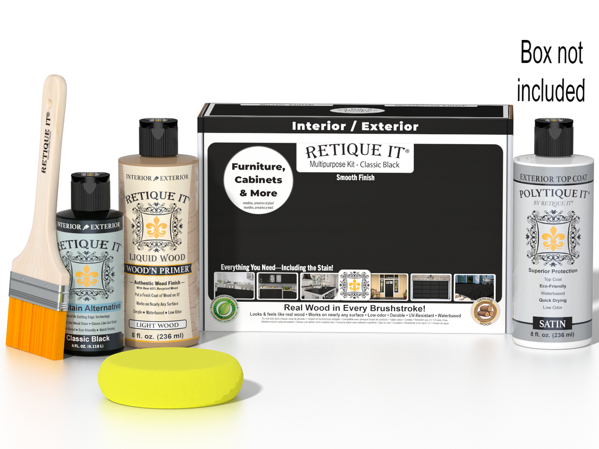 Retique It Multi-purpose Smooth Finish Kit in Classic Black for exterior wood with satin top coat and smooth finish.