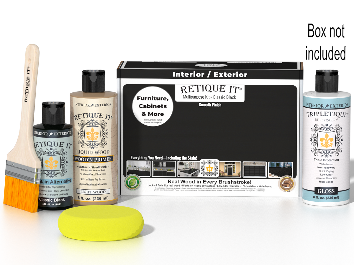 Retique It Multi-purpose Smooth Finish Kit in classic black with interior top coat gloss, includes wood finish tools and supplies.