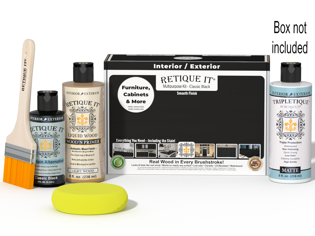 Retique It® Multi-purpose Smooth Finish Kit in Classic Black for interior wood projects, includes top coat with matte finish.