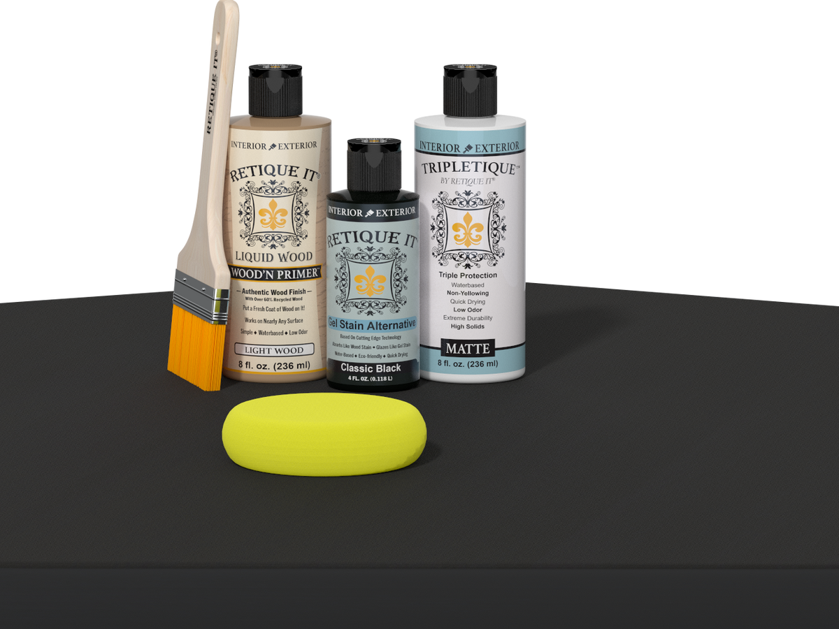 Retique It® Multi-purpose Smooth Finish Kit in Classic Black for interior wood projects, satin top coat applied to a table surface.