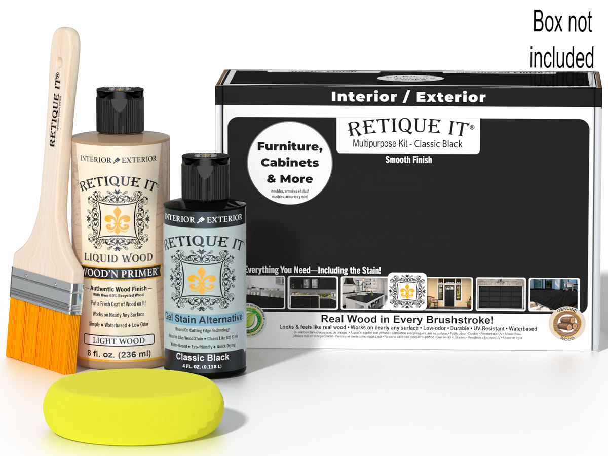 Retique It® Multi-purpose Smooth Finish Kit in classic black for wood finishing, includes tools and materials in a box.