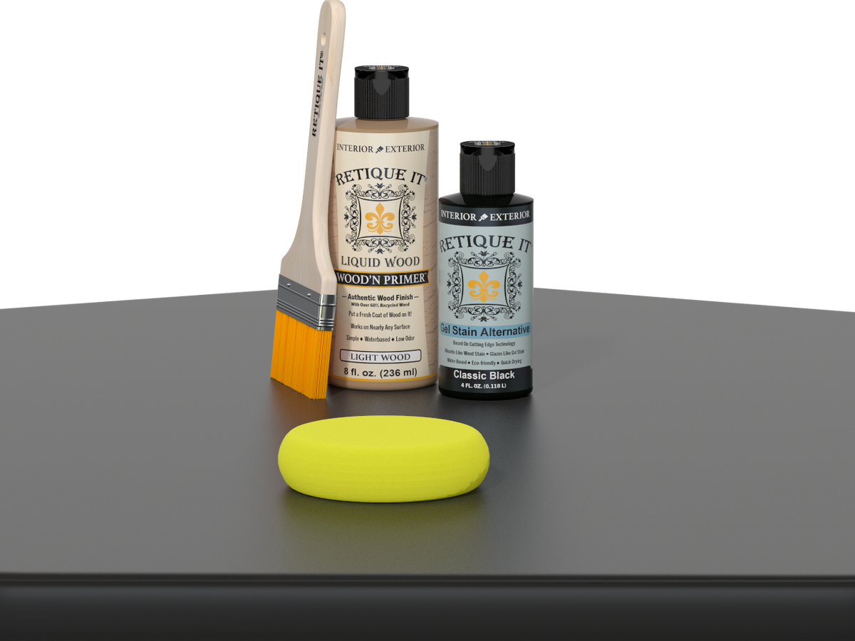 Retique It® Multi-purpose Smooth Finish Kit in classic black with wood finish, displayed on a table for versatile wood finishing.