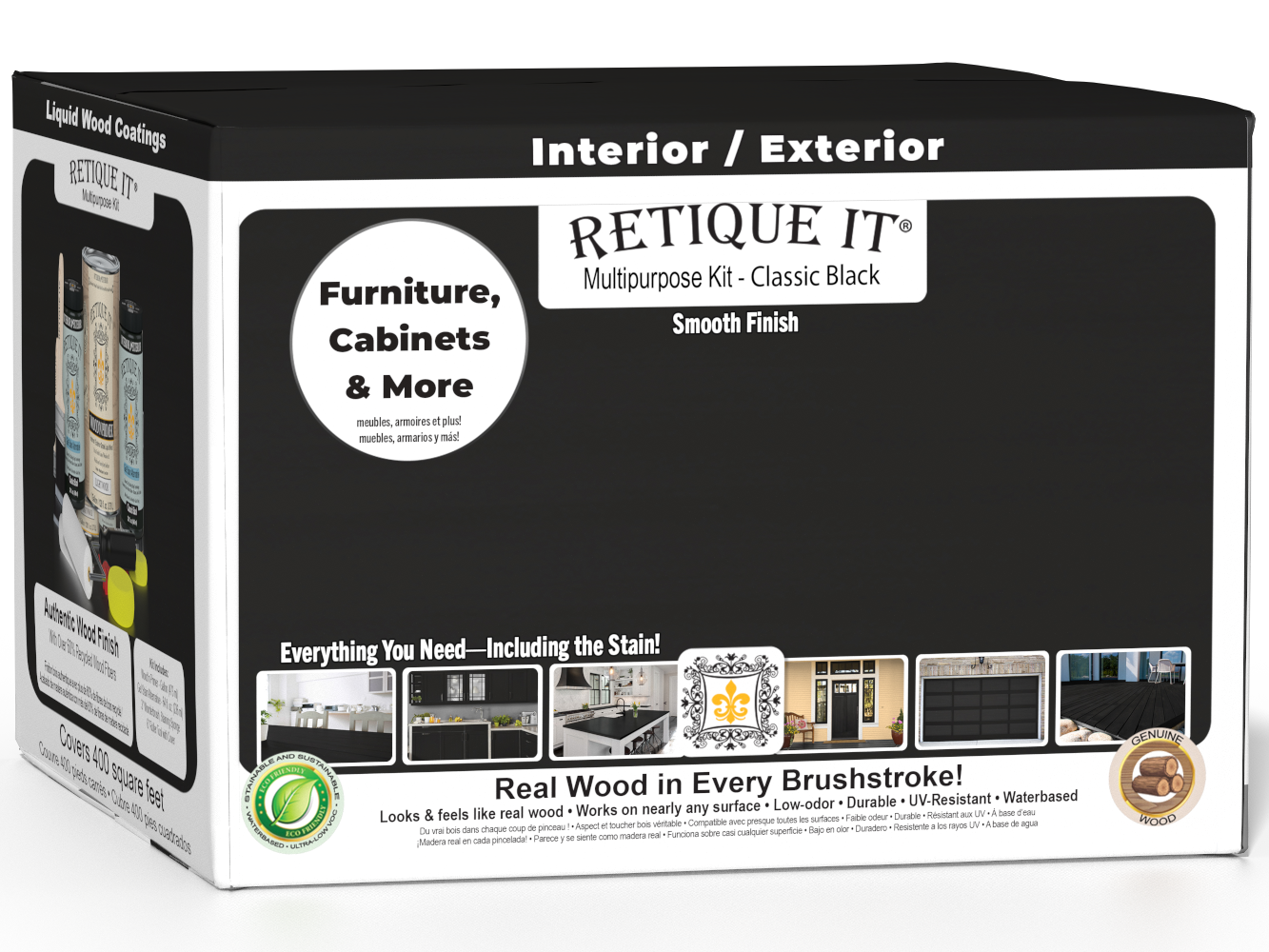 Retique It® Multi-purpose Smooth Finish Kit in classic black, includes four large exterior matte top coat wood finish bottles.