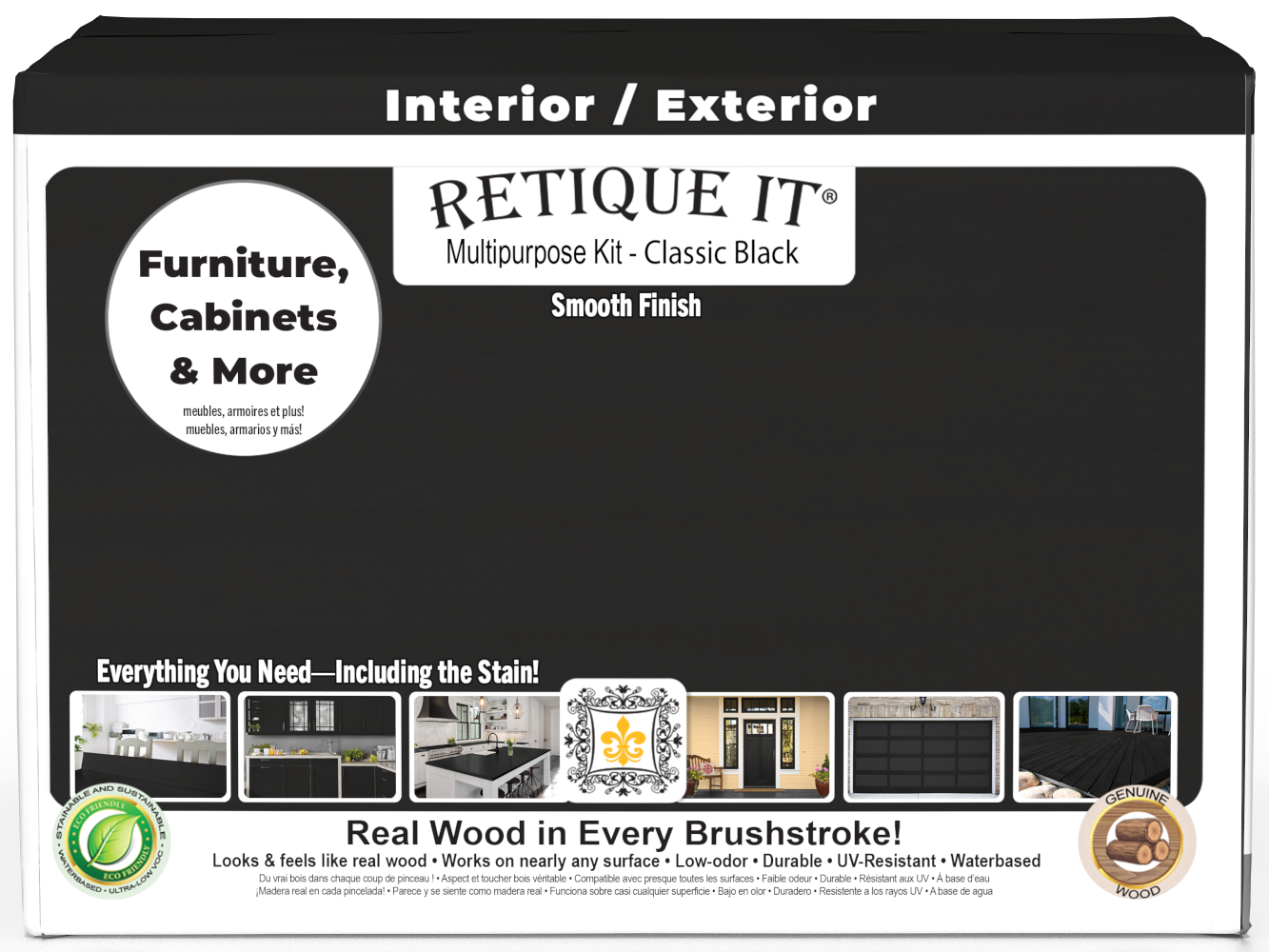 Retique It® wood finish kit in classic black with four large containers, designed for smooth, multi-purpose wood finishing projects.