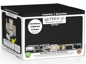 Retique It® wood finish kit with four large bottles of classic black smooth finish for multi-purpose woodworking projects.