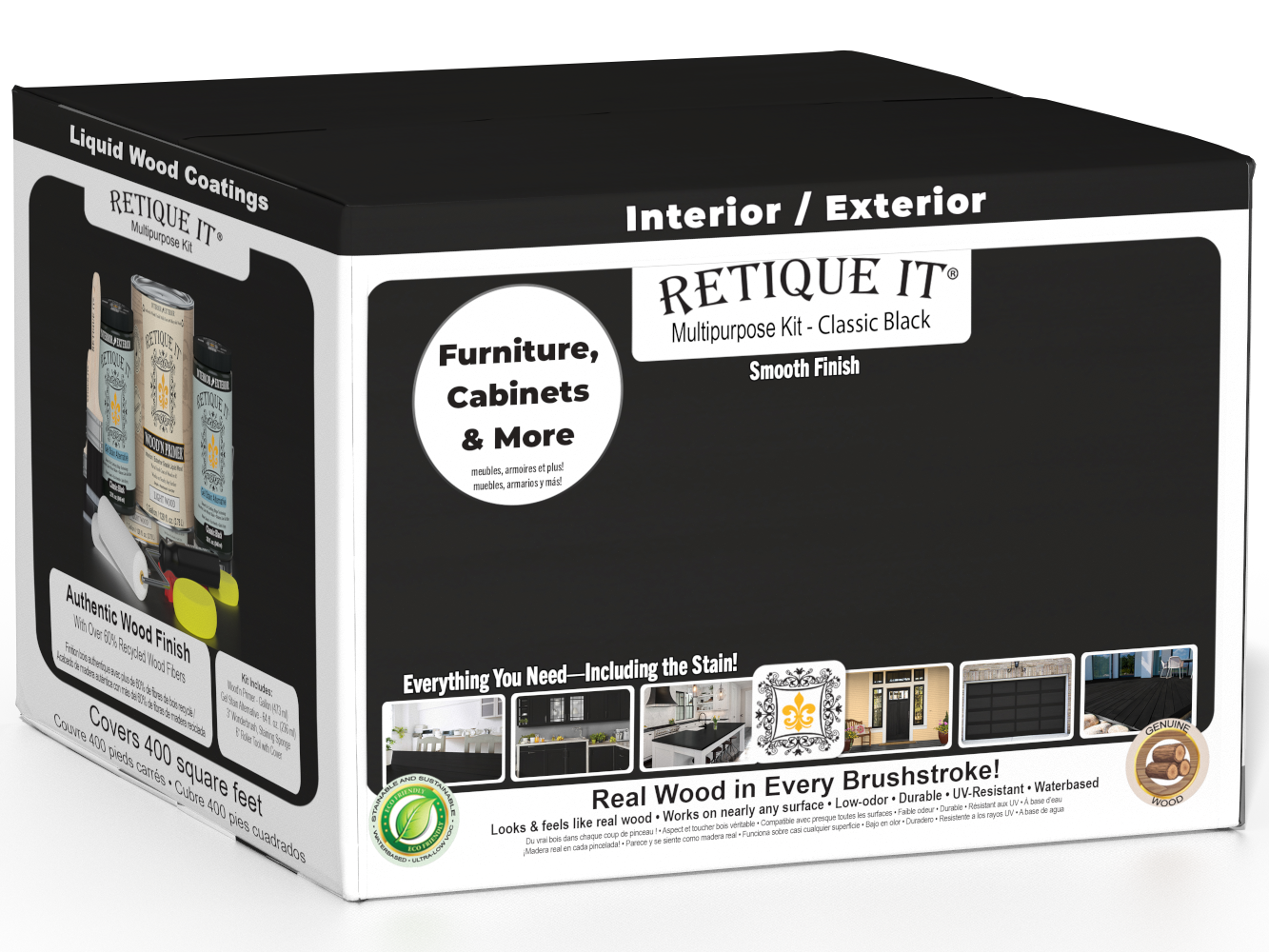 Retique It® Multi-purpose Smooth Finish Kit in Classic Black, includes four large interior top coat bottles with matte finish for wood surfaces.