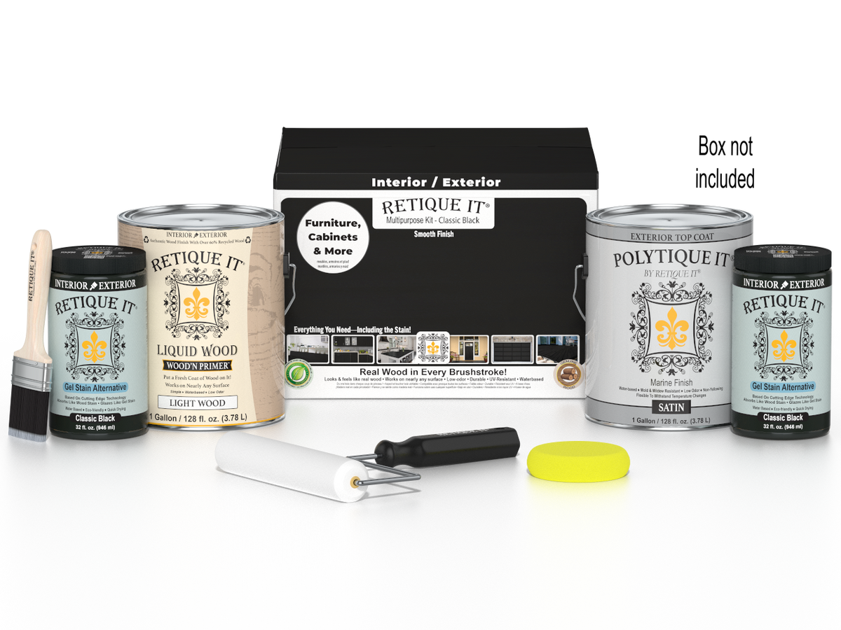 Retique It Multi-purpose Smooth Finish Kit in classic black with exterior top coat, includes four large wood finish products in a box.