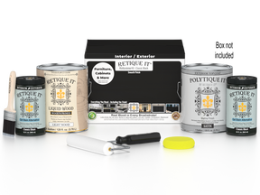 Retique It® wood finish kit with four large black exterior top coat bottles for smooth, durable wood surface finishing.