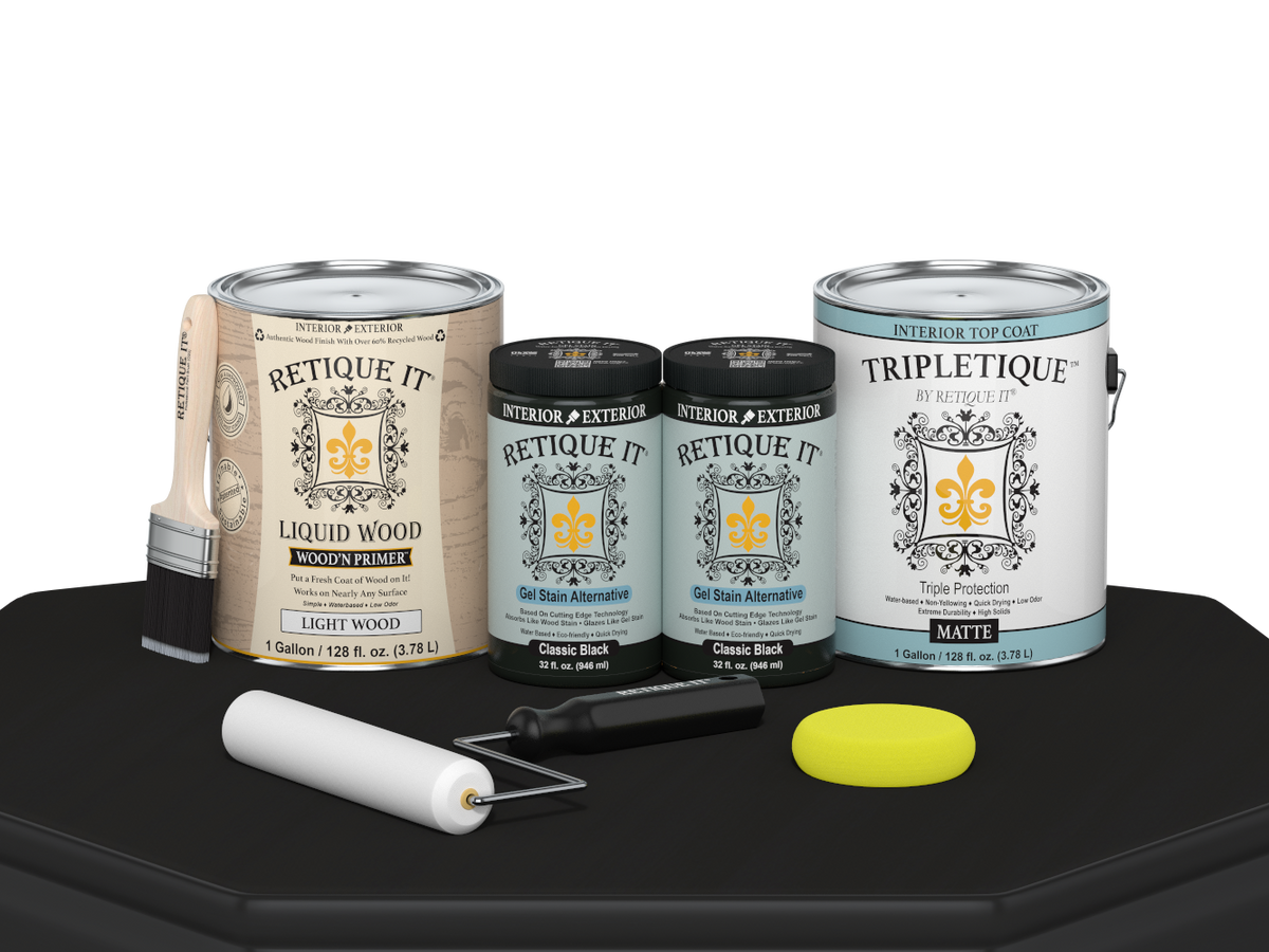 Retique It® Multi-purpose Smooth Finish Kit in classic black, satin interior top coat for wood furniture, includes four large wood finish bottles.