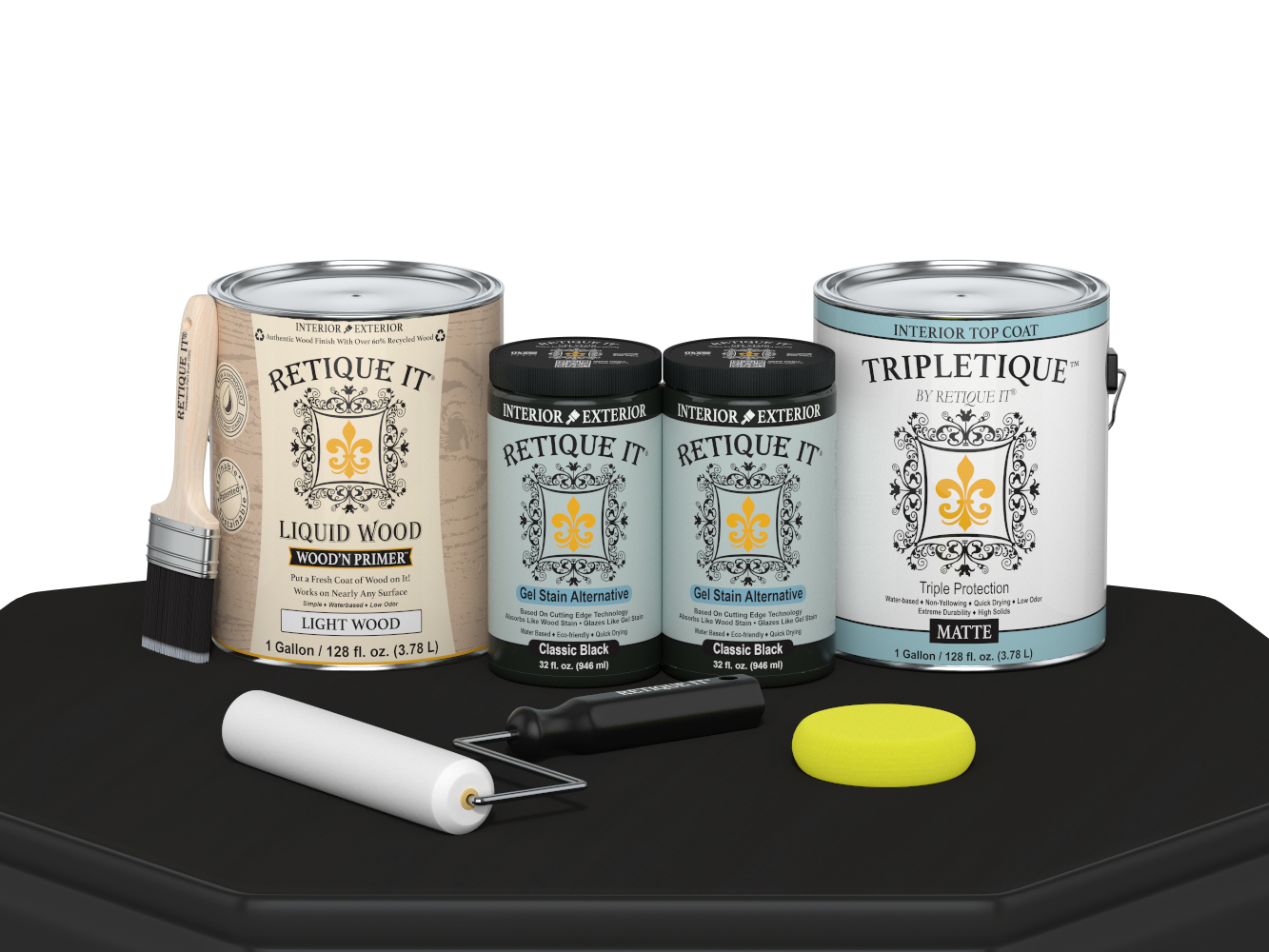 Retique It® Multi-purpose Smooth Finish Kit in classic black, satin interior top coat for wood furniture, includes four large wood finish bottles.