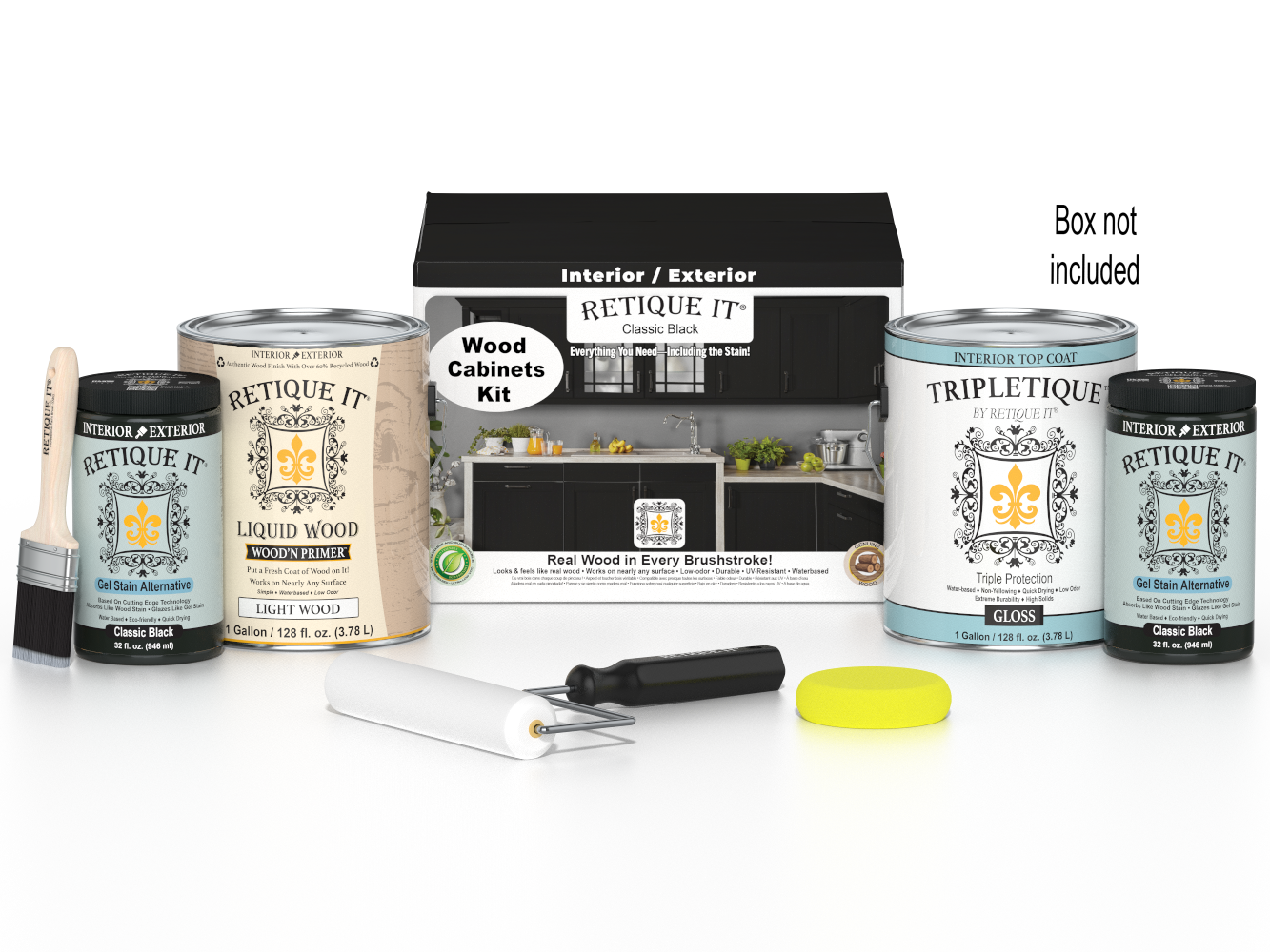 Retique It® Wood'n Cabinet Kit with 48 black, smooth cabinet doors, stains included, designed for classic black kitchen cabinets.