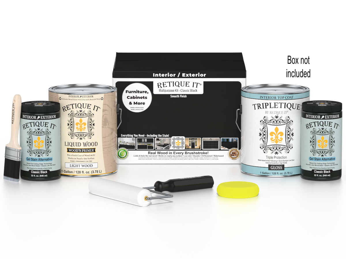 Retique It Multi-purpose Smooth Finish Kit in classic black with four large interior top coat bottles, designed for wood finishing.