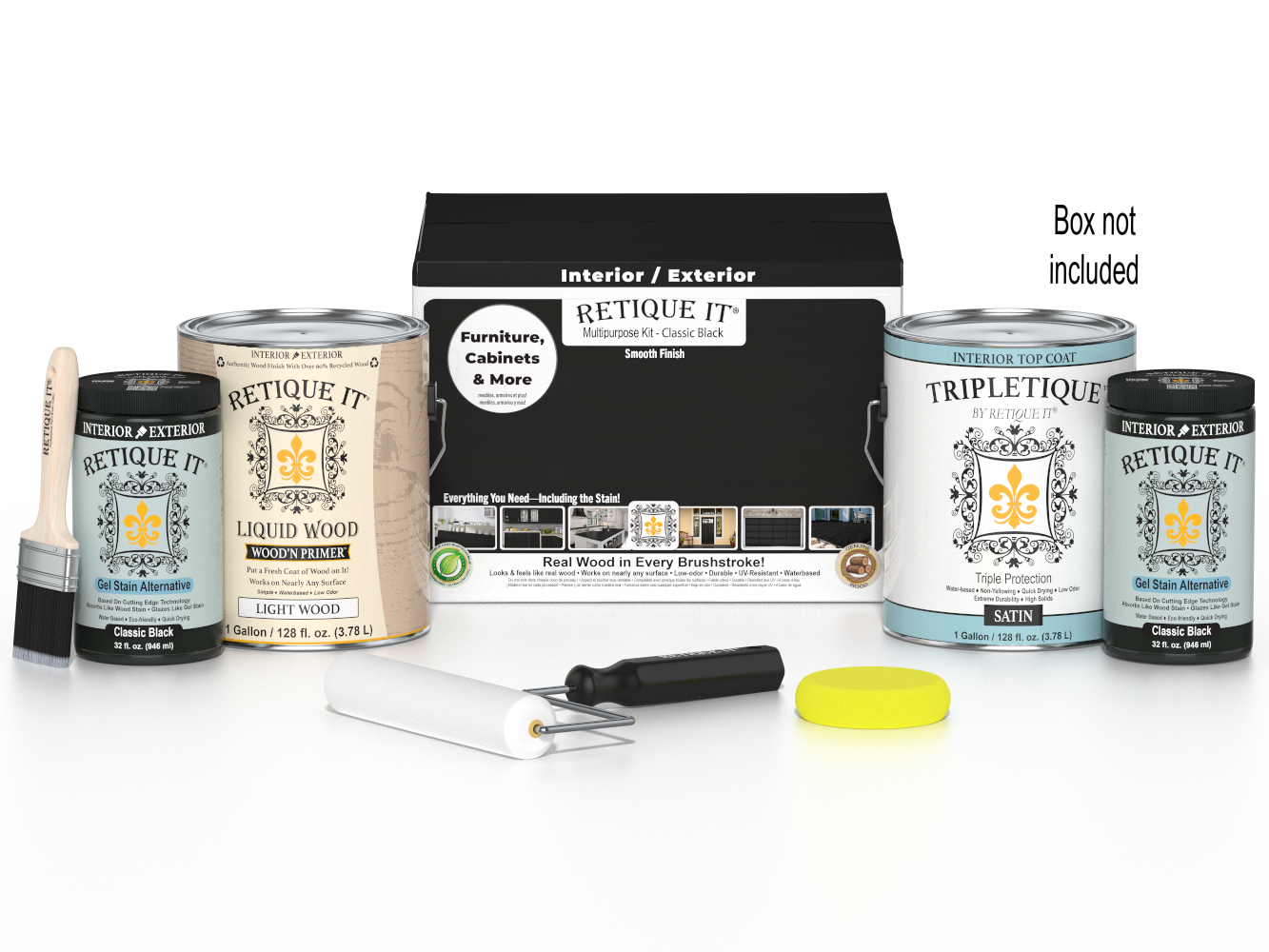 Retique It® Multi-purpose Smooth Finish Kit in classic black with satin top coat, includes four large wood finishing products.