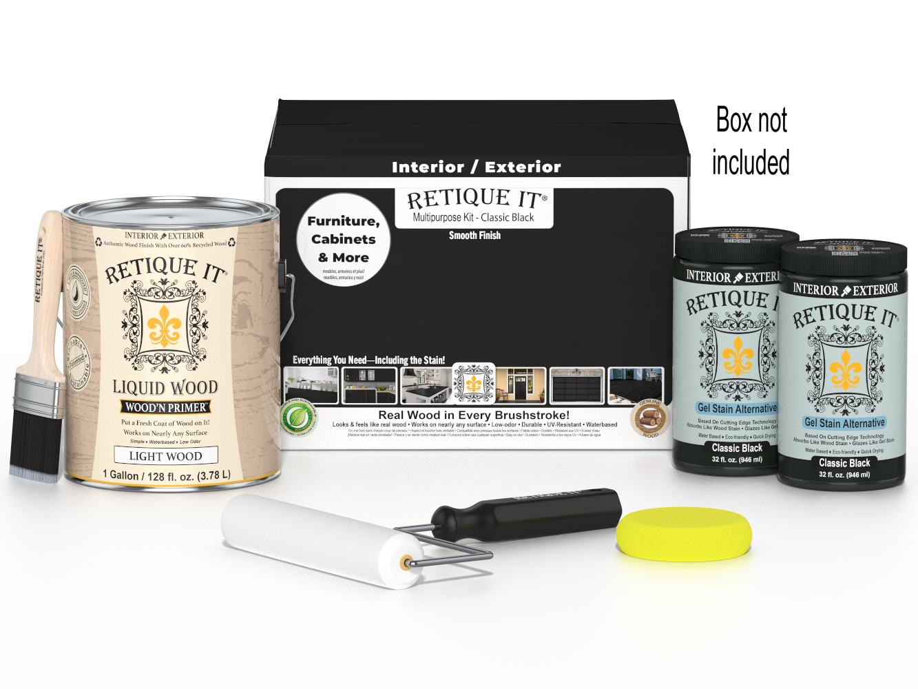 Retique It® Wood'n Finish Kit in classic black, four-piece multi-purpose smooth finish set with wooden tools and black finish containers.