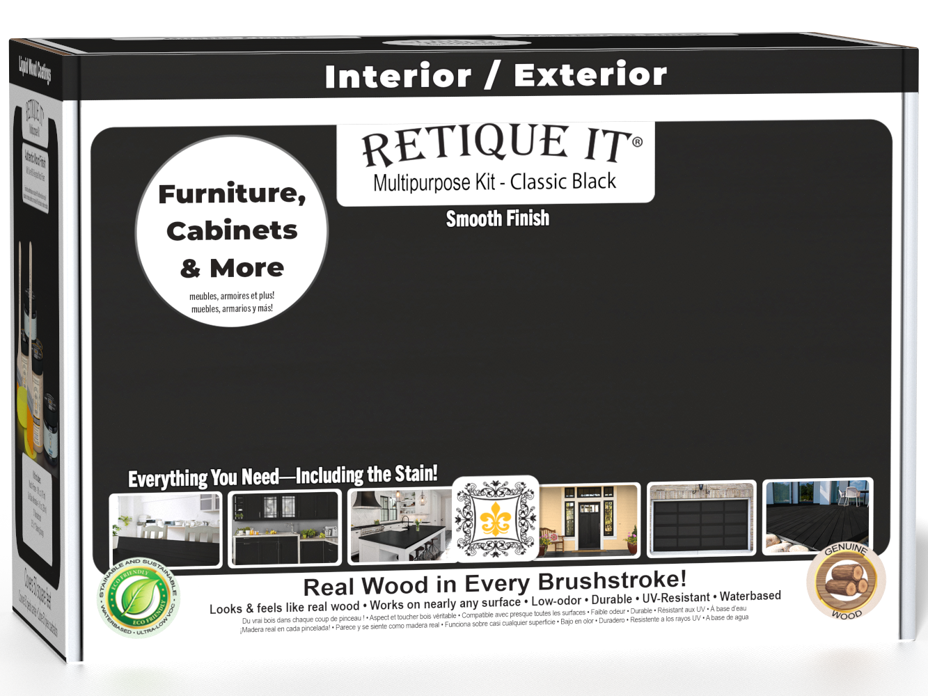 Retique It Multi-purpose Smooth Finish Kit in Classic Black for wood, includes exterior top coat with matte finish, compact box image.